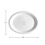 Single white Chinet oval sampler platter shown with printed dimensions 10 inches by 7½ inches and brand embossing