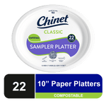 Oval Chinet Classic sampler platter packaging label showing brand, compostable badge and 22 count callout