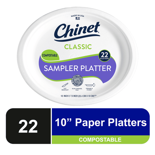 Oval Chinet Classic sampler platter packaging label showing brand, compostable badge and 22 count callout