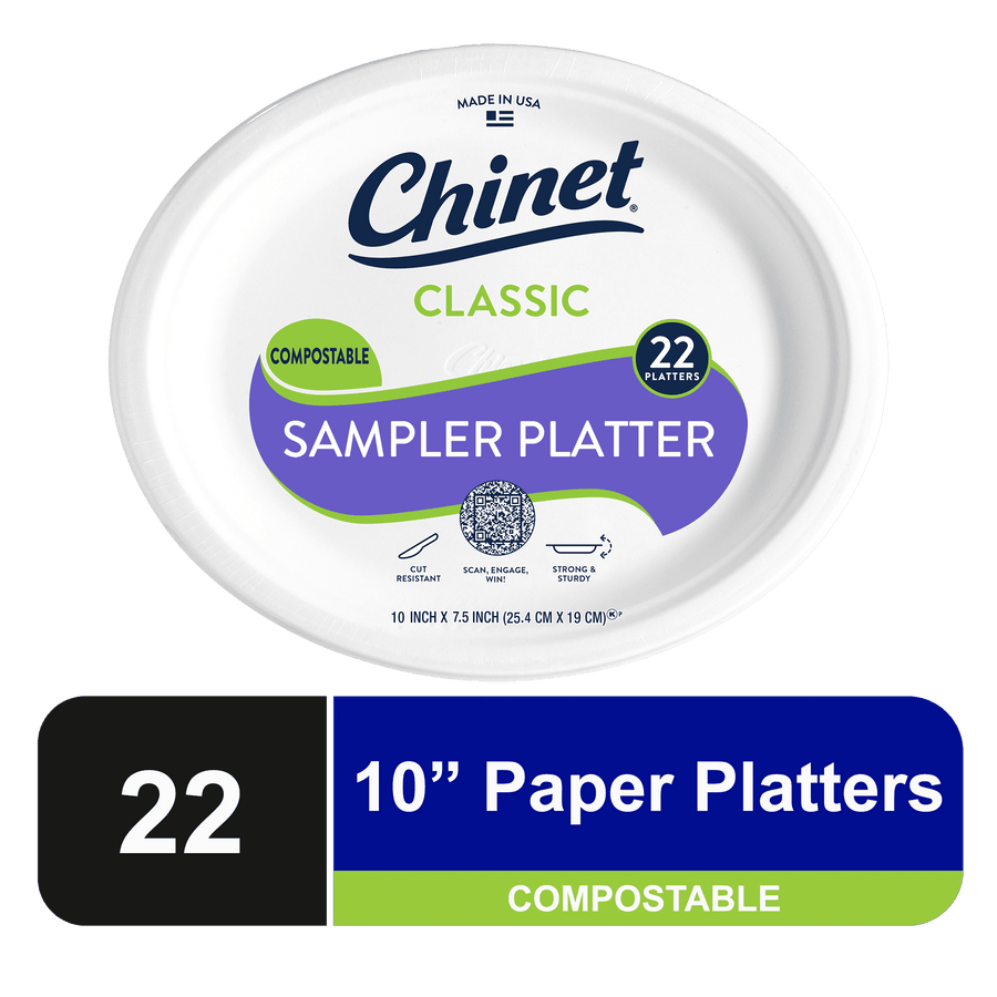 Oval Chinet Classic sampler platter packaging label showing brand, compostable badge and 22 count callout