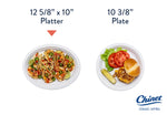 Comparison graphic showing a 12 5/8" x 10" Chinet platter with food beside a smaller 10 3/8" plate, Chinet logo