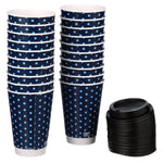 Two tall stacks of blue patterned Chinet paper cups beside a pile of black snap lids on white.