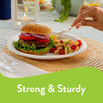 Plate with a burger and pasta salad on a Chinet white plate, fork held over food and green 'Strong & Sturdy' banner.