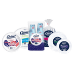 Assortment of Chinet disposable tableware with a pack of patriotic Chinet Comfort cups centered