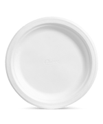 Single plain white Chinet Classic dinner plate photographed on white background with embossed Chinet logo.