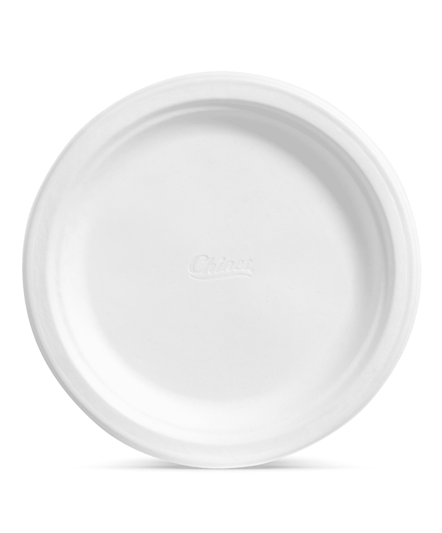 Single plain white Chinet Classic dinner plate photographed on white background with embossed Chinet logo.