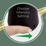 Close-up of a finger adjusting the intensity dial on an Air Wick diffuser with the text 'Choose Intensity Setting'