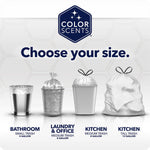 Choose your size graphic with four trash bag illustrations labeled bathroom, laundry & office, kitchen and tall kitchen.