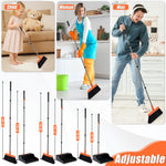 Three lifestyle images of adults and child using adjustable broom with height diagrams below
