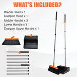 Exploded layout showing included broom head, dustpan, and multiple handle segments with text header