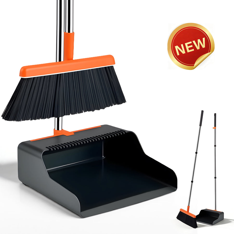 Orange-accented broom head and black dustpan shown standing together on white background