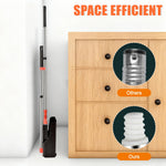 Broom and dustpan stored upright beside cabinet with close-ups comparing threaded connector types