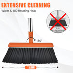 Wide broom head with orange top showing 180° rotation and 11.8in width graphic