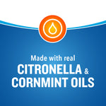Graphic panel stating 'Made with real citronella & cornmint oils' with an oil droplet icon