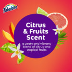 Graphic circle reading 'Citrus & Fruits Scent' with fruit images and Fabuloso logo on red-orange background.