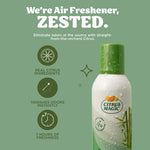 Promotional graphic with a Citrus Magic Bamboo Rainforest can and icons touting citrus ingredients and freshness