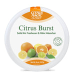 Top-down view of a Citrus Magic Closet Citrus Burst solid air freshener lid with citrus artwork