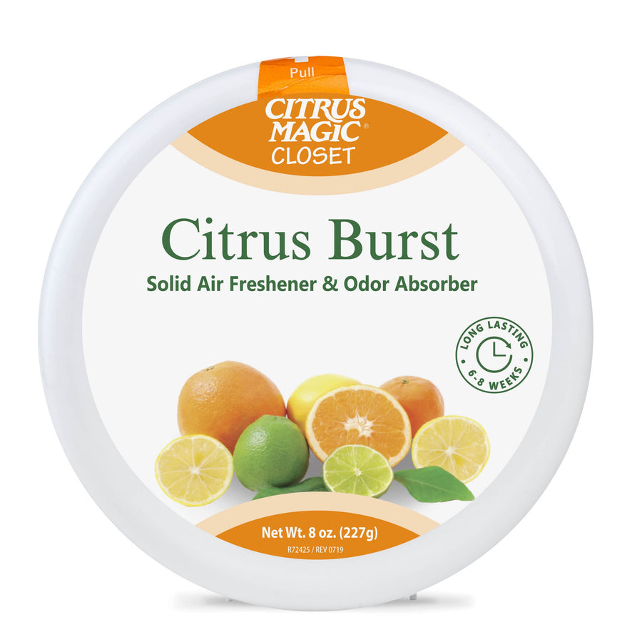 Top-down view of a Citrus Magic Closet Citrus Burst solid air freshener lid with citrus artwork