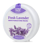 Angled view of Citrus Magic Closet fresh lavender solid air freshener in white round container with purple label