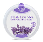 Round Citrus Magic Closet fresh lavender solid air freshener with lavender illustration and purple label