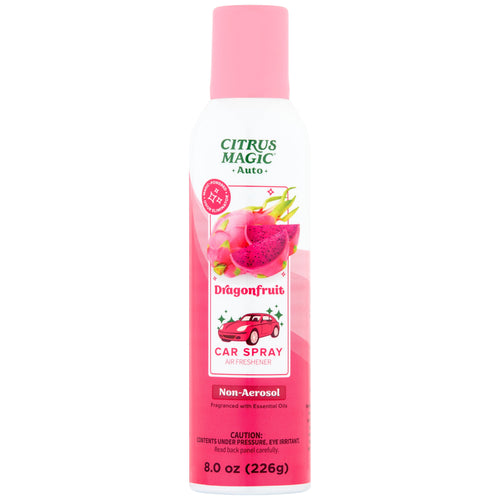 Tall Citrus Magic Dragonfruit car spray can with pink cap and fruit illustration on white background