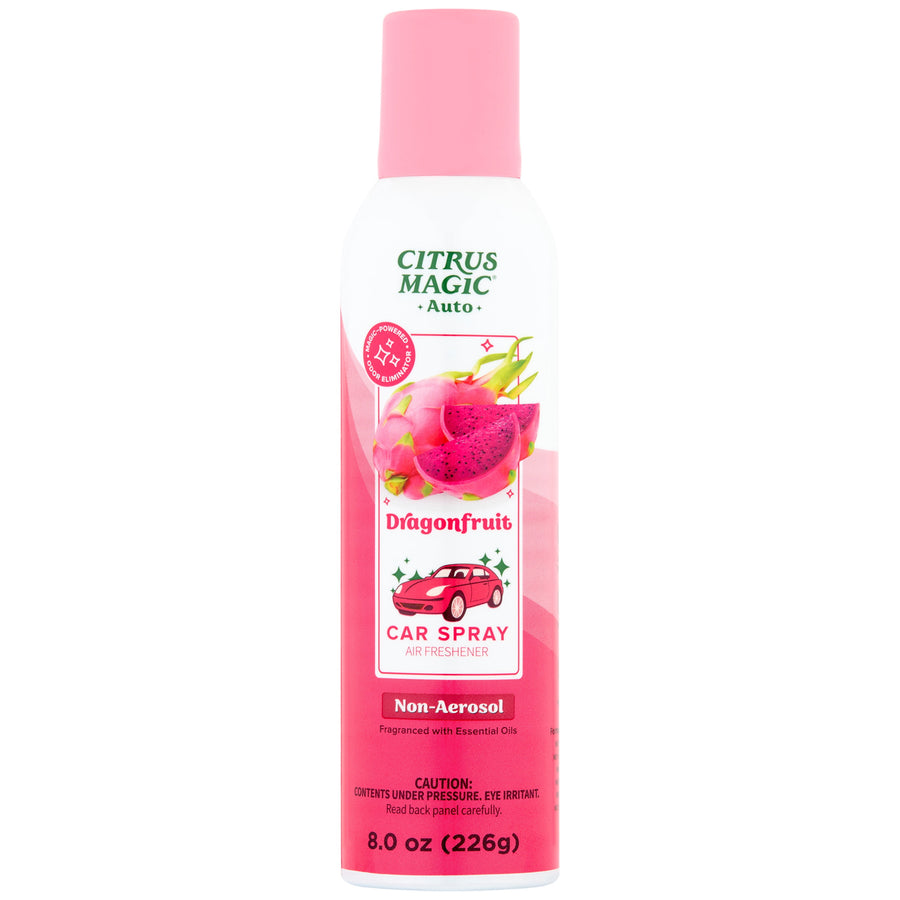 Tall Citrus Magic Dragonfruit car spray can with pink cap and fruit illustration on white background