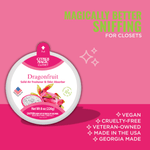 Single Citrus Magic Closet Dragonfruit solid air freshener tin on pink background with product benefits and badges