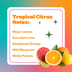 Graphic panel titled Tropical Citrus Notes listing Meyer lemon, succulent lime, sweetened orange and other scent notes