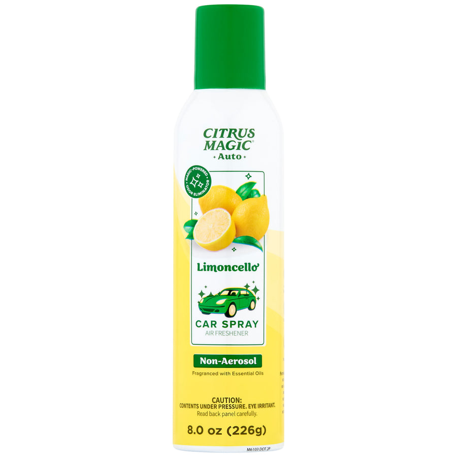 Tall Citrus Magic Limoncello car spray can with green cap and lemon label on white background