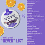 Tilted Citrus Magic fresh lavender container with orange slices and a list labeled 'Here's our "Never" list' of excluded ingredients