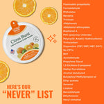 Citrus Magic product shot with a vertical 'never' ingredients list panel and citrus slice accents