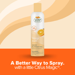 Citrus Magic Orange Blast air freshener can centered against a stylized orange and cream background with tagline below