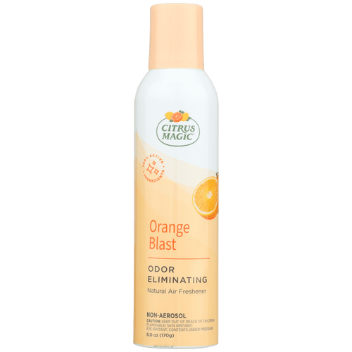 Tall Citrus Magic Orange Blast odor-eliminating air freshener can with orange slice graphic and peach cap on white background