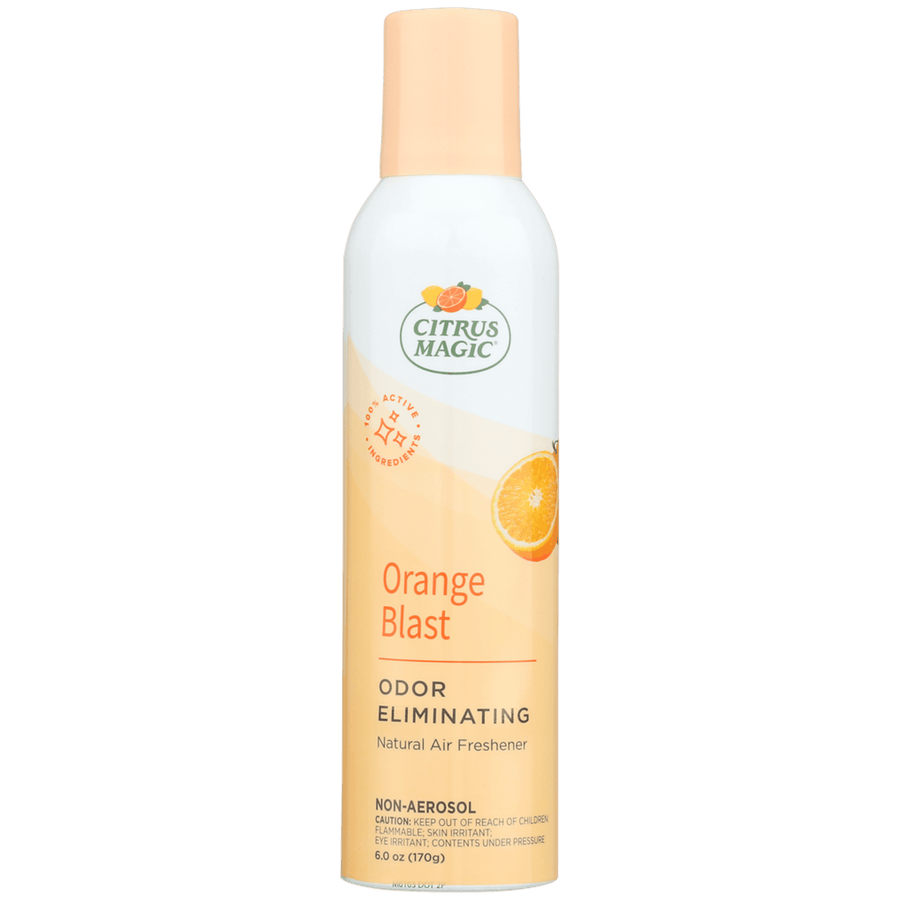 Tall Citrus Magic Orange Blast odor-eliminating air freshener can with orange slice graphic and peach cap on white background