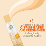 Angled Citrus Magic Orange Blast bottle with stylized orange-scented waves and promotional headline about choosing a citrus-based air freshener.