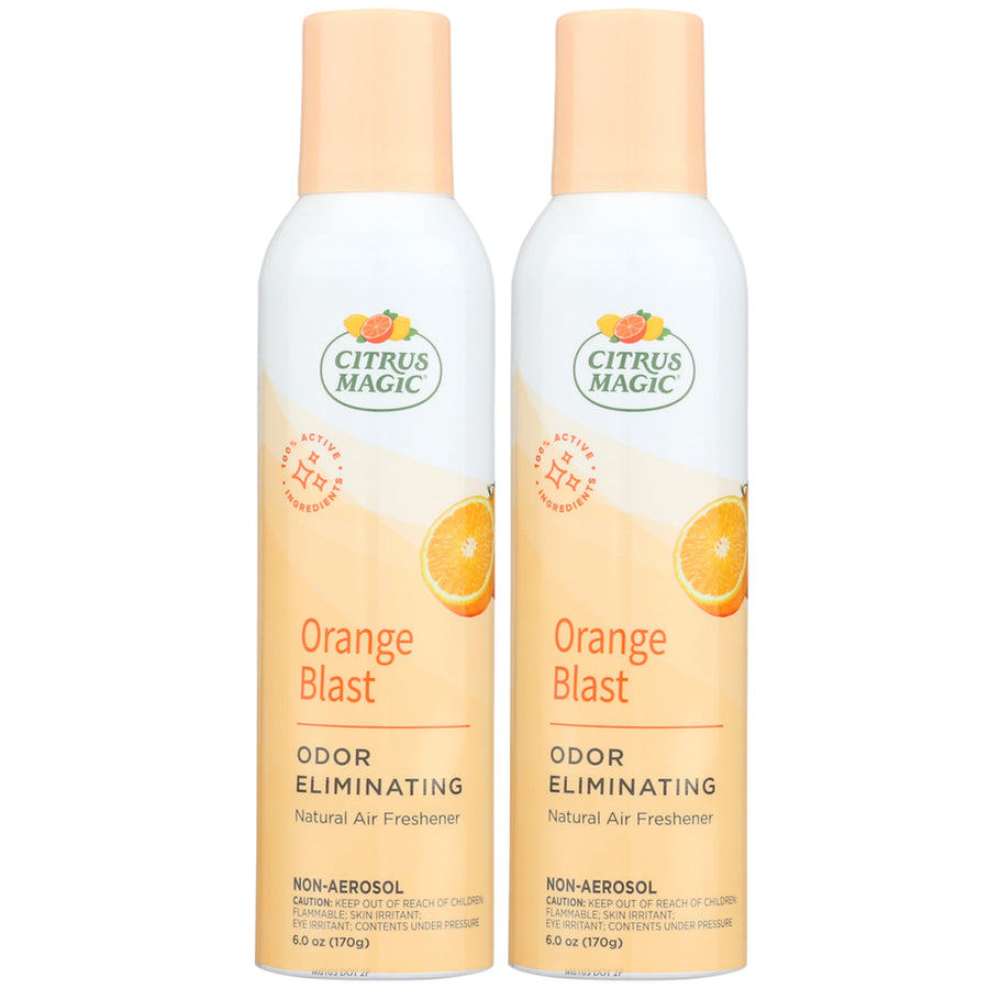 Two Citrus Magic Orange Blast non-aerosol odor eliminating spray bottles with orange slice graphic on label.