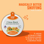 Citrus Magic Closet Citrus Burst product on an orange background with claims like vegan and cruelty-free