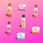 Product grid illustration of various Citrus Magic car sprays and solid air freshener tubs on a pink gradient background