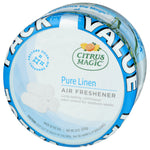 Angled view of a Citrus Magic Pure Linen air freshener canister showing front label and value-pack sleeve