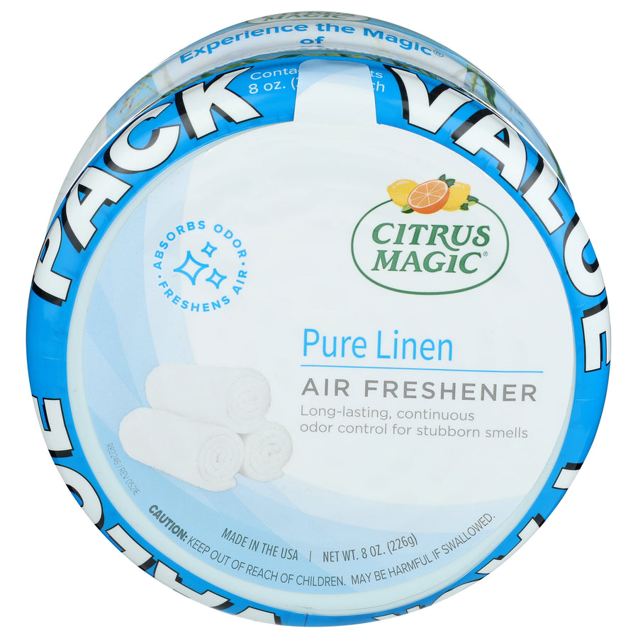 Top-down view of a Citrus Magic Pure Linen air freshener canister with visible label and value-pack sleeve