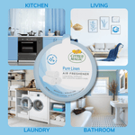 Graphic showing a Citrus Magic Pure Linen air freshener over four labeled lifestyle rooms: kitchen, living, laundry, bathroom