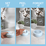 Three-panel instructional image showing hands setting up a Citrus Magic Pure Linen air freshener, peel-off step, and placed unit
