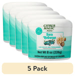 Five Citrus Magic Auto Sea Breeze solid air freshener tubs arranged in staggered row with teal gradient labels