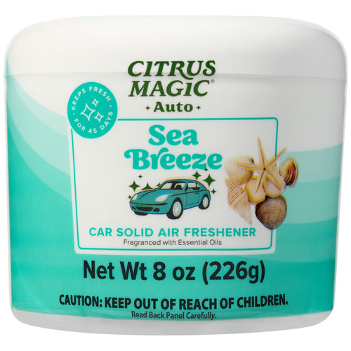 Single Citrus Magic Auto Sea Breeze car solid air freshener tub with teal gradient label and seashell illustration