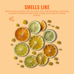 Artistic arrangement of citrus slices and droplets under the heading 'Smells Like' describing the fragrance