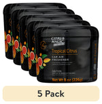Five Citrus Magic Tropical Citrus car air freshener cans shown in staggered row with a '5 Pack' label at bottom.