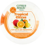 Top-down view of Citrus Magic Auto Tropical Citrus solid air freshener lid showing product name and citrus fruit graphics.
