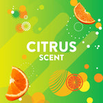 Bright green and yellow graphic declaring citrus scent with orange slice illustrations and decorative shapes
