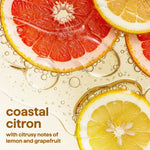 Close-up of lemon and grapefruit slices with bubbles and text labeling the scent as coastal citron with citrus notes