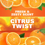 Bright orange 'Citrus Twist' graphic with whole and sliced oranges and text 'Fresh & Zesty Scent'.